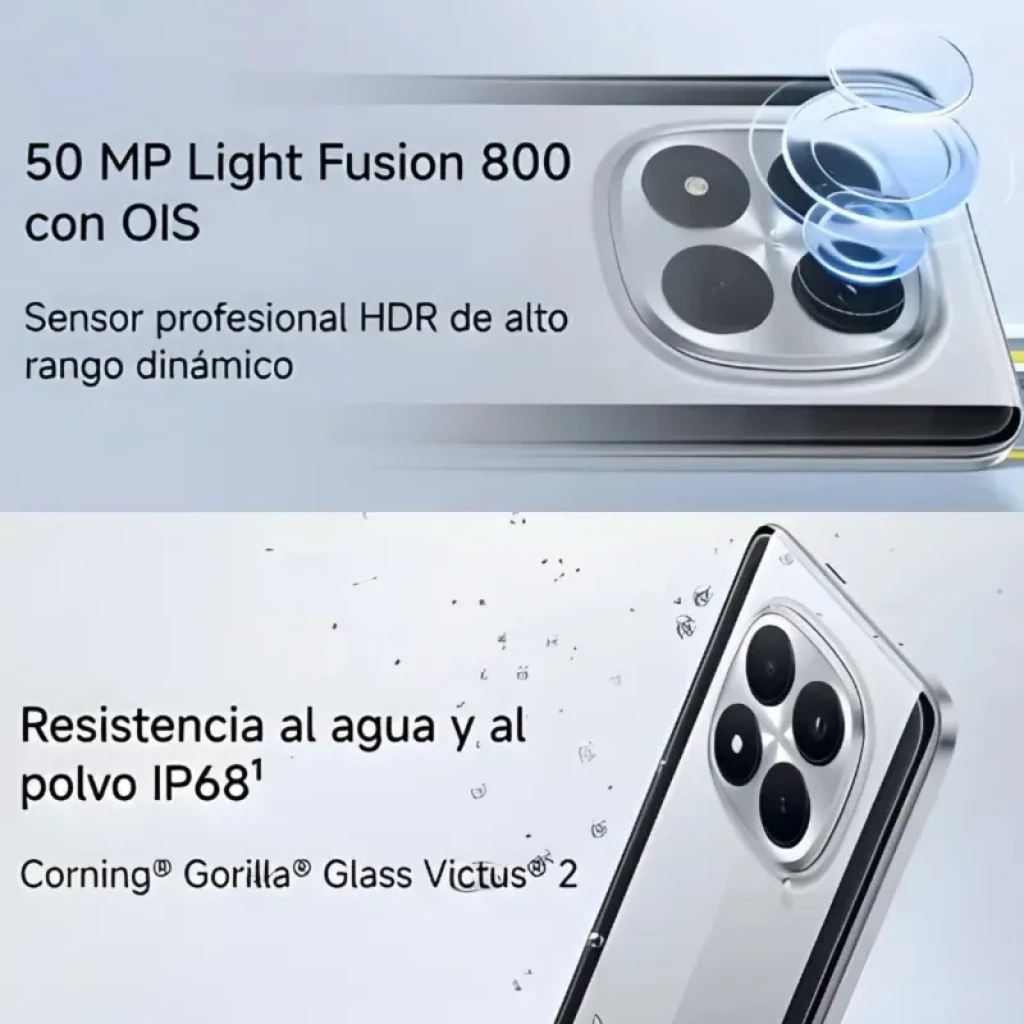 Xiaomi Poco M8 Pro 5G plata con triple cámara y módulo prominente, lente principal 50 MP, acabado metálico, protección Gorilla Glass Victus 2 y resistencia