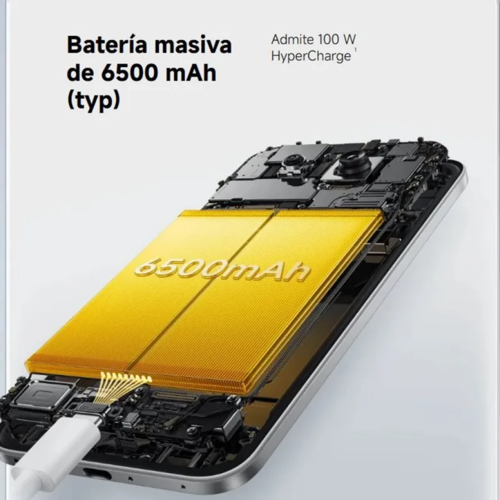 Xiaomi Poco M8 Pro 5G plata con batería de 6500 mAh y carga rápida 100 W, módulo interno visible y cámara trasera triple; pantalla 120 Hz, 8 GB RAM, 256 GB