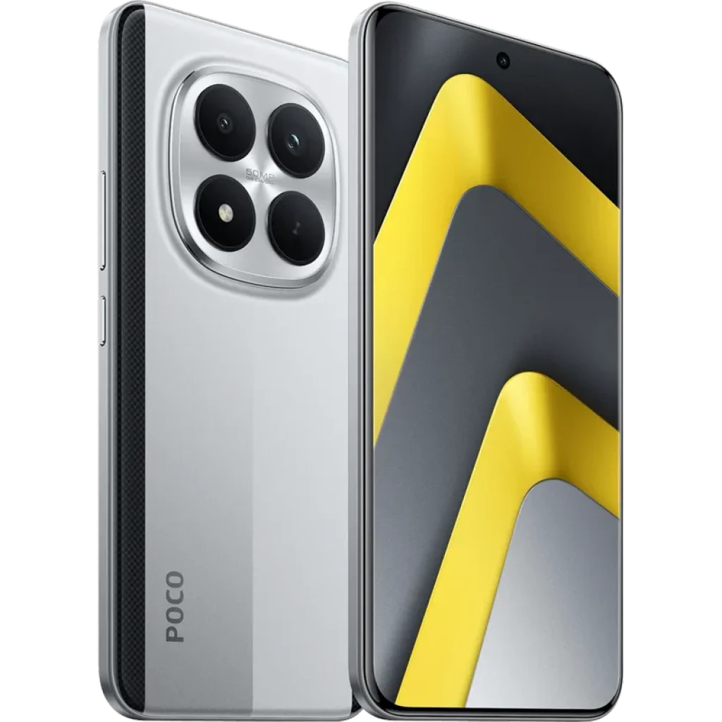 Xiaomi Poco M8 Pro 5G plateado con pantalla perforada, marcos delgados y triple cámara trasera en módulo circular; acabado bicolor con lateral texturizado