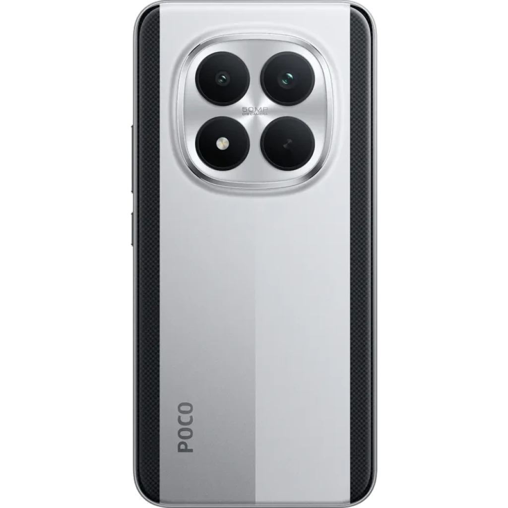 Xiaomi Poco M8 Pro 5G 256GB plata con módulo triple de cámara trasera en isla cuadrada, acabado bicolor metalizado, laterales con botones y detalle POCO