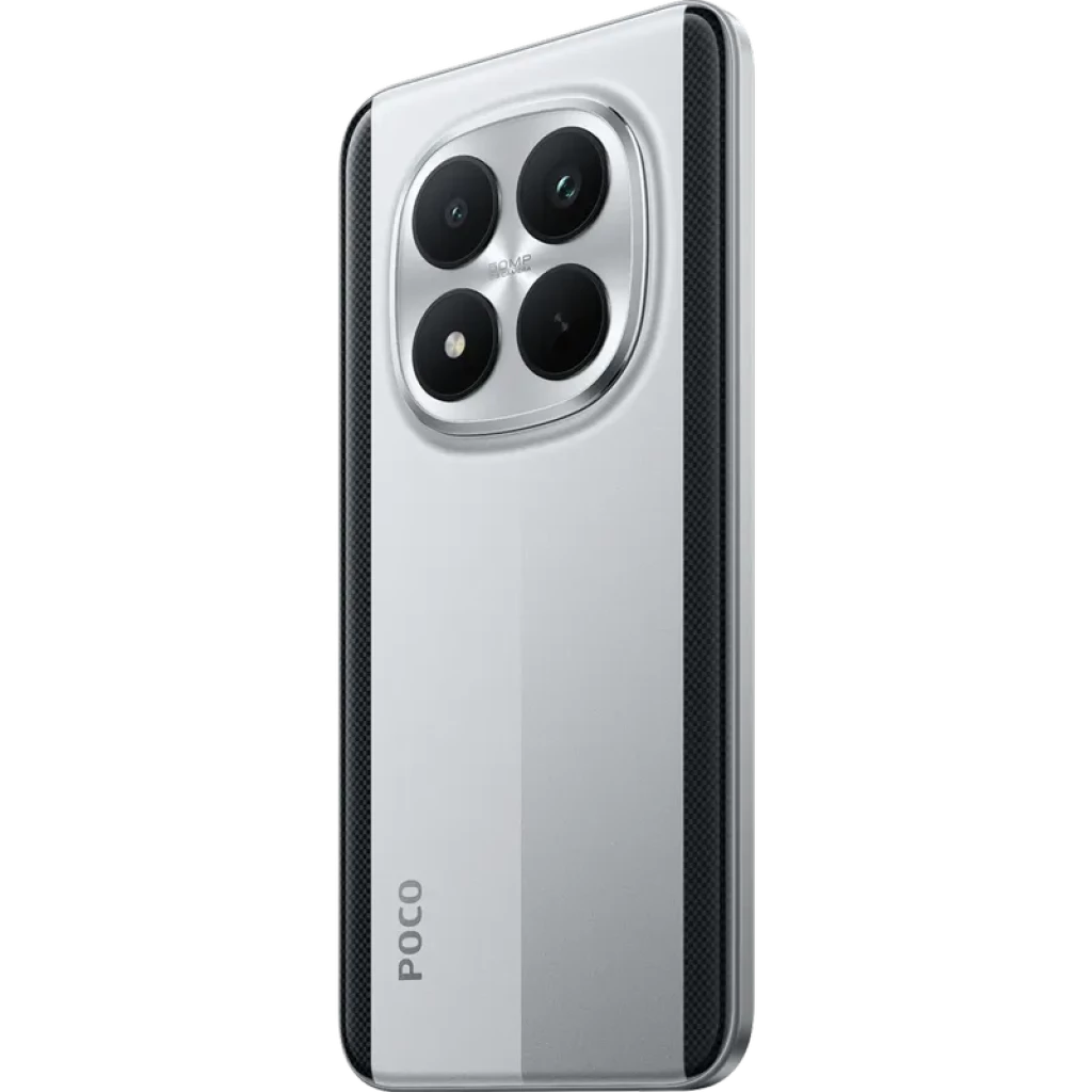 Xiaomi Poco M8 Pro 5G plata con módulo de triple cámara grande, acabado metálico bicolor y marco lateral texturizado; diseño elegante y moderno
