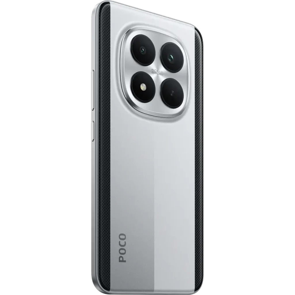 Xiaomi Poco M8 Pro 5G plata con módulo de triple cámara grande, acabado bicolor plateado y bordes texturizados; diseño moderno y premium
