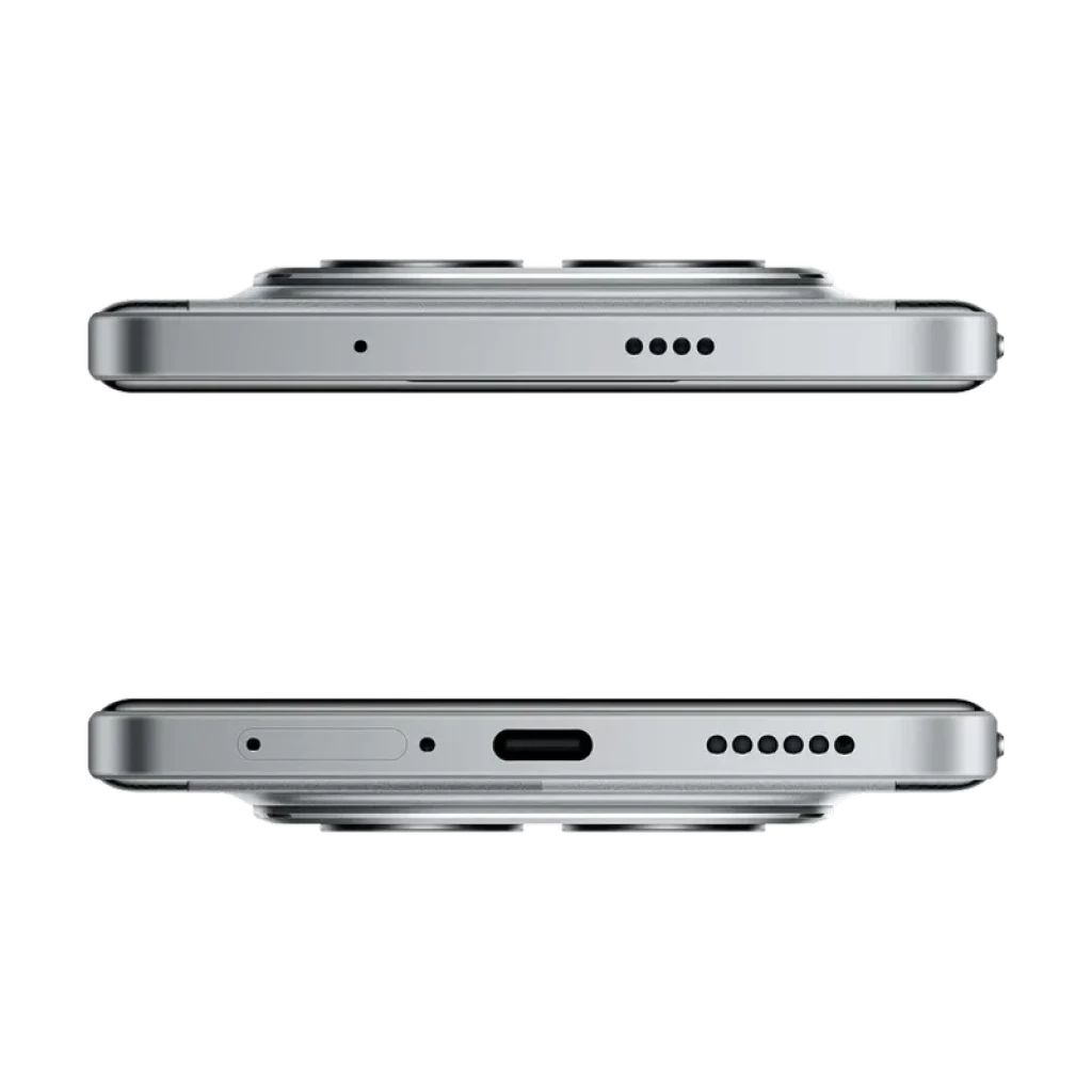 Bordes plateados con acabado metálico, módulo de cámara prominente, altavoces estéreo, micrófonos, USB‑C y bandeja SIM del Xiaomi Poco M8 Pro 5G 256GB