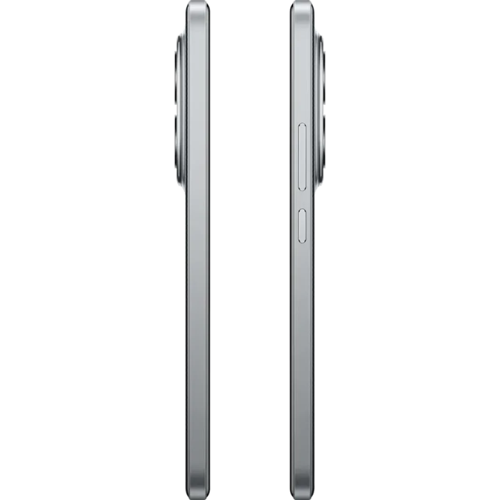 Perfil lateral del Xiaomi Poco M8 Pro 5G plata con bordes rectos, cuerpo metálico, módulo de cámara prominente y botones de volumen y encendido visibles