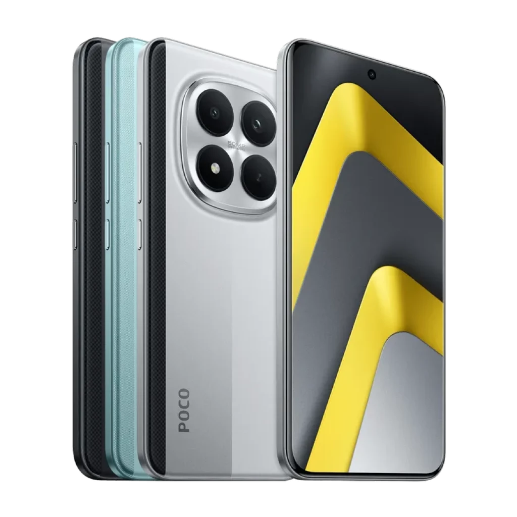 Xiaomi Poco M8 Pro 5G plata con pantalla perforada, marcos delgados y módulo trasero cuádruple circular; borde texturizado y acabado metálico elegante