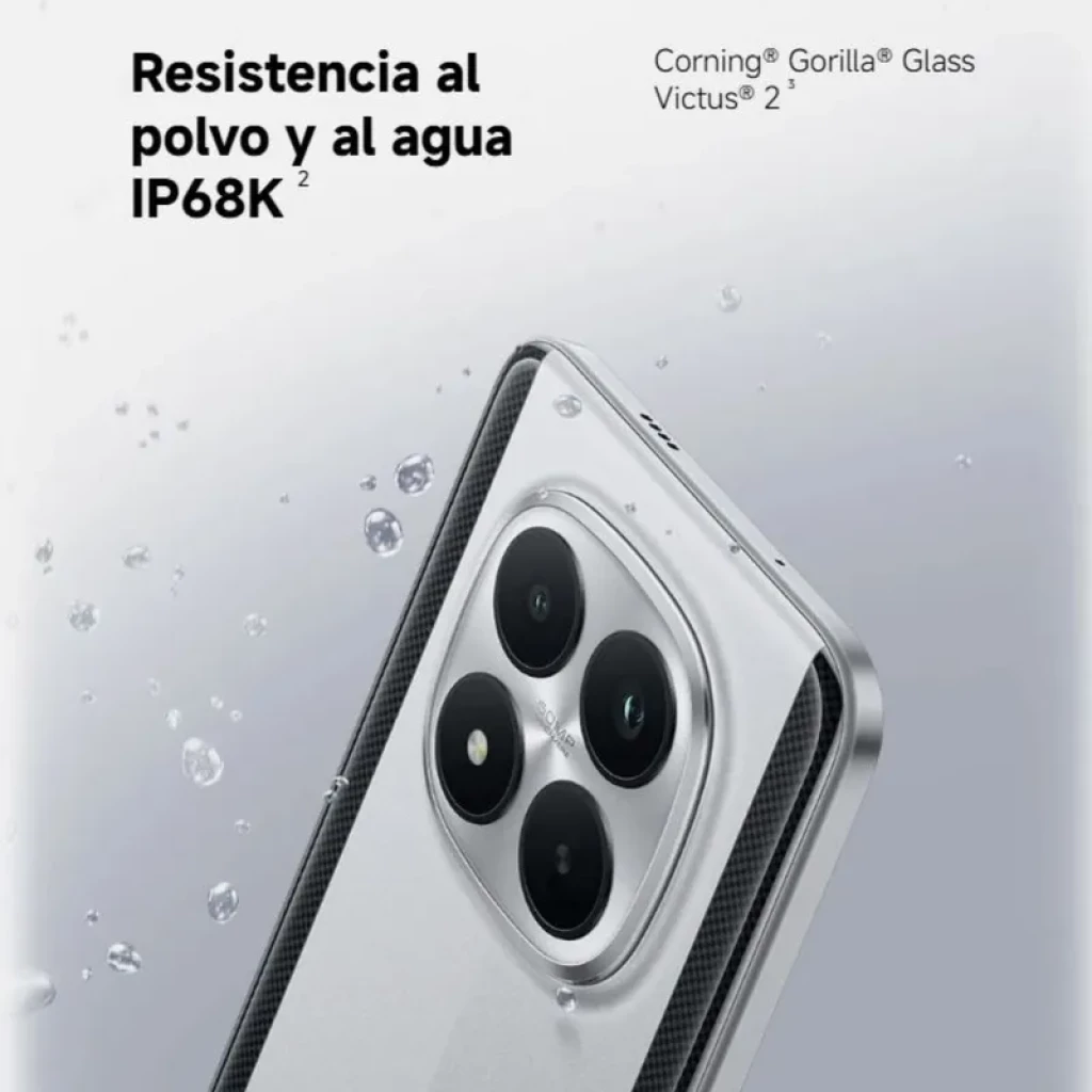 Xiaomi Poco M8 Pro 5G 256GB plata con módulo de cuatro cámaras, acabado metálico y protección IP68K; cristal Corning Gorilla Glass Victus 2 y bordes pulidos