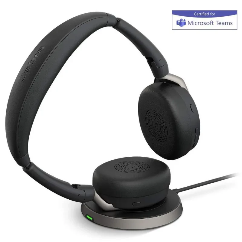 Casque Jabra Evolve2 65 Flex MS Stereo USB-C noir sur base de chargement, arceau rembourré, oreillettes pivotantes, LED verte, certification Microsoft Teams