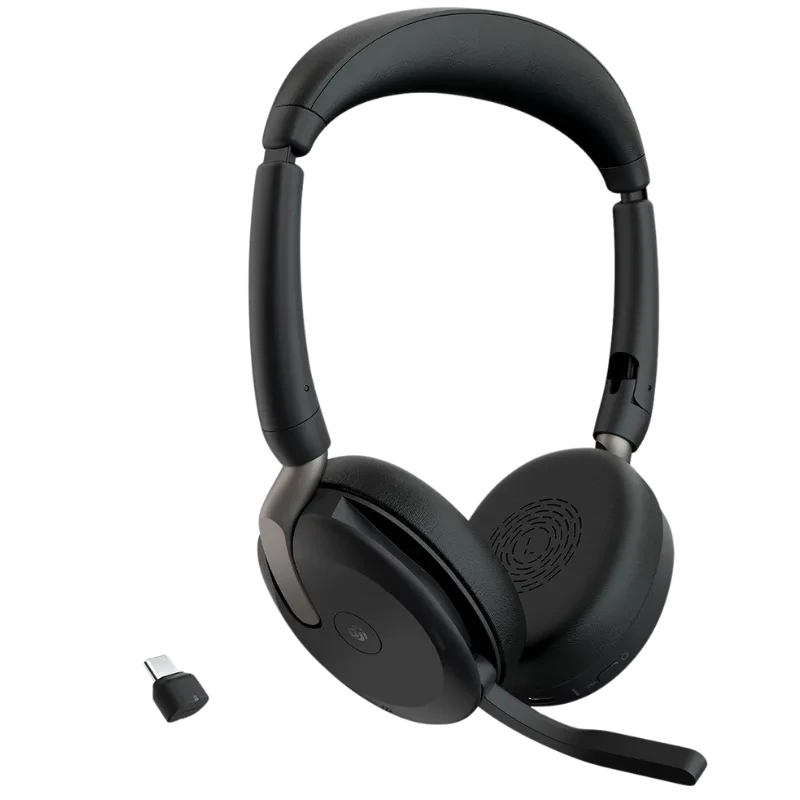 Casque noir Jabra Evolve2 65 Flex MS Stereo USB-C avec micro perche rabattable, arceau rembourré, oreillettes ovales et dongle USB-C séparé