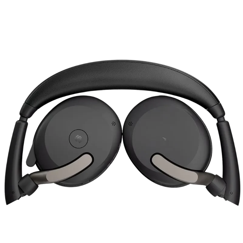 Casque Jabra Evolve2 65 Flex MS plié à plat, arceau rembourré noir, oreillettes ovales fermées, bras de micro rabattables, finition mate élégante