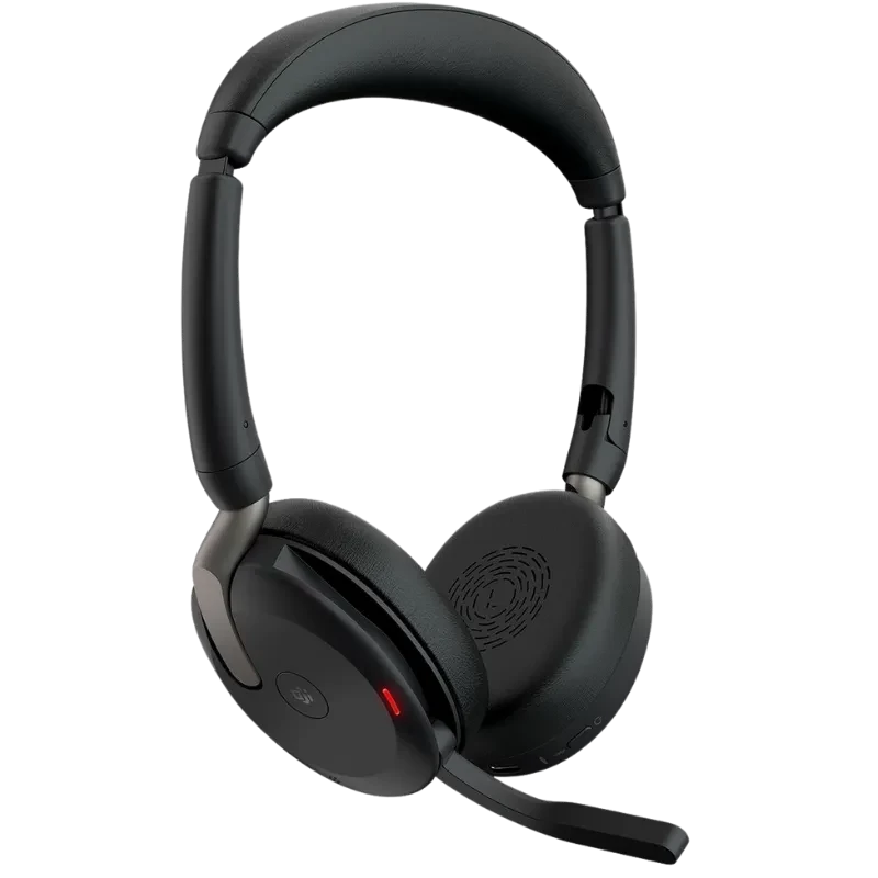 Casque noir Jabra Evolve2 65 Flex MS Stereo USB-C avec arceau rembourré, oreillettes ovales, micro perche rabattable et LED d’état rouge