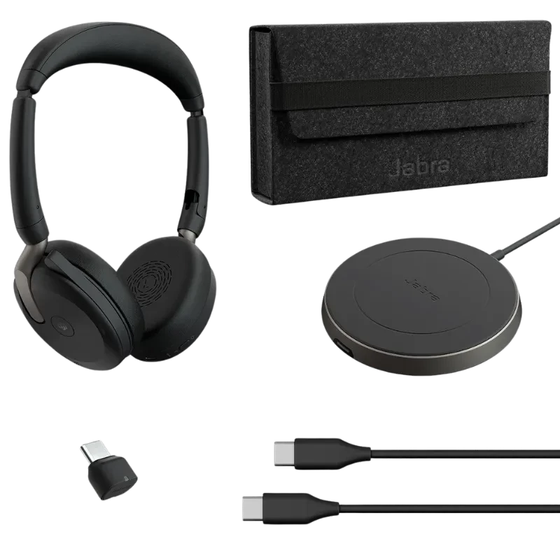 Casque Jabra Evolve2 65 Flex MS noir, arceau pliable, oreillettes rondes, micro discret. Inclus base de chargement, dongle USB-C et câbles USB-C.