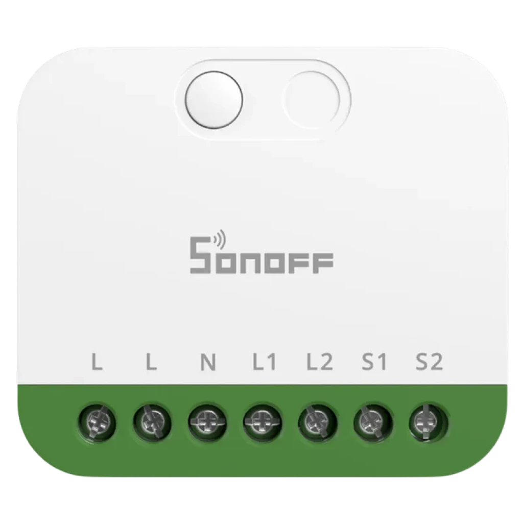 Sonoff MINI-2GS Matter, module blanc et vert compact avec deux boutons et 6 bornes vissées L, N, L1, L2, S1, S2, pour câblage dinterrupteur à deux voies