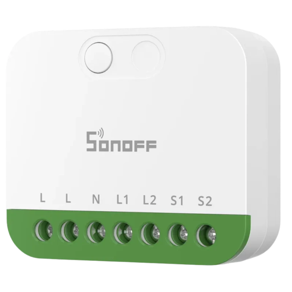 Sonoff MINI-2GS Matter mini-interrupteur Wi-Fi bi-directionnel, boîtier blanc compact avec façade verte, bornes L N L1 L2 S1 S2 et bouton rond en façade