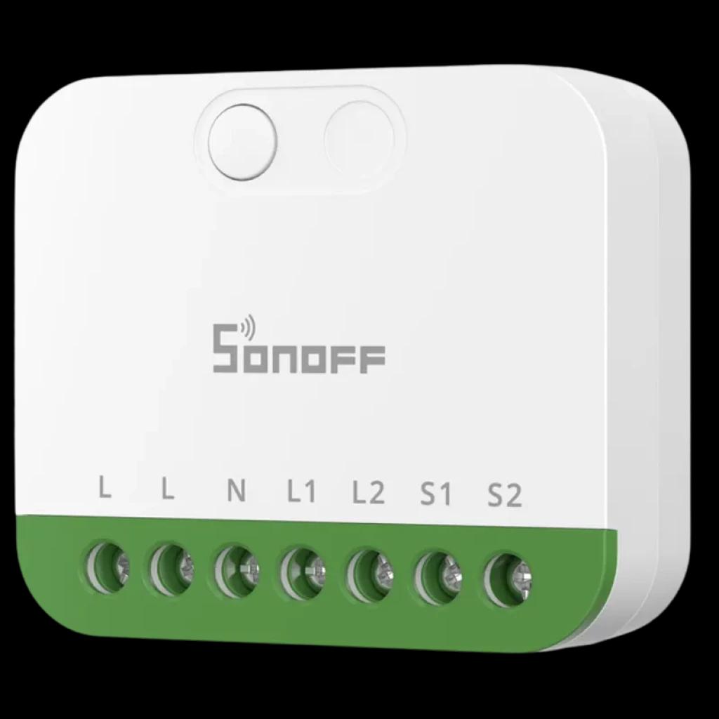 Sonoff MINI-2GS Matter mini-interrupteur Wi-Fi bi-directionnel, boîtier blanc compact avec façade verte, bornes L N L1 L2 S1 S2 et bouton rond en façade