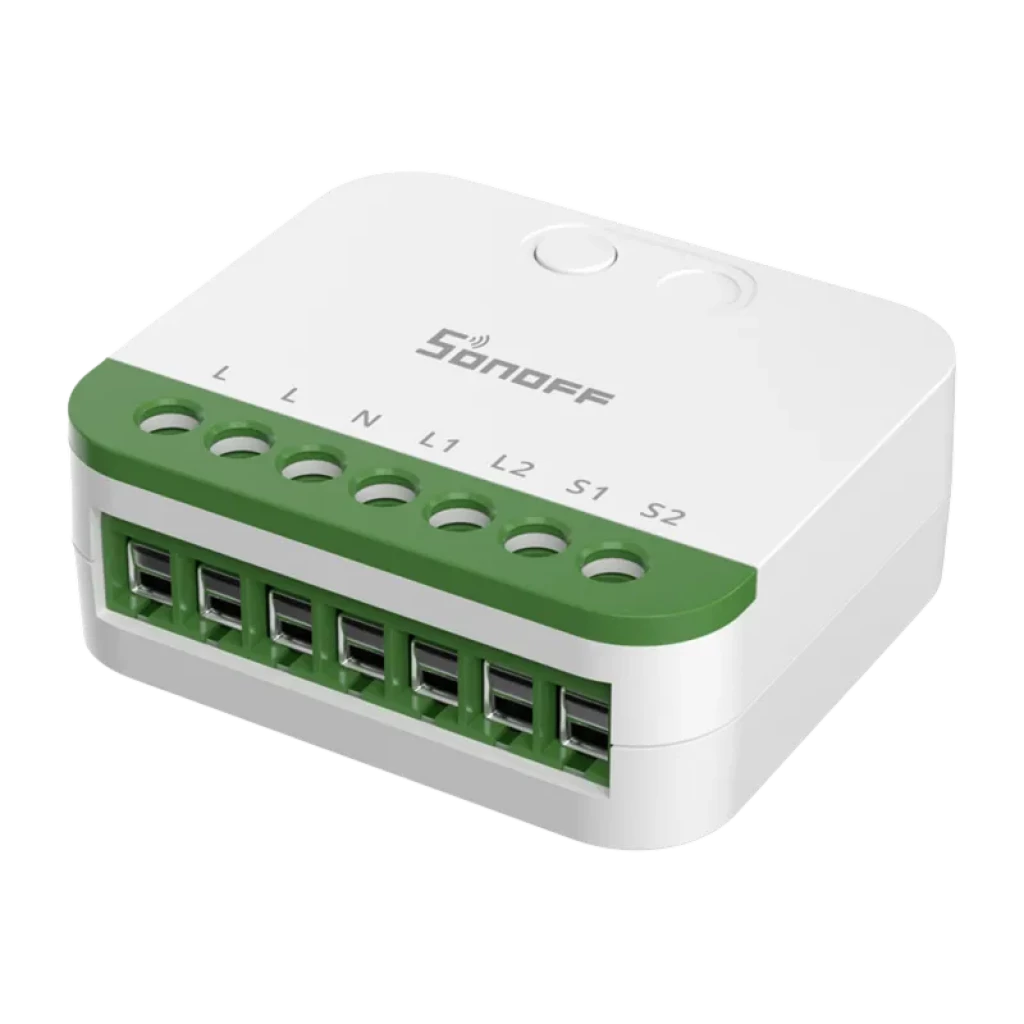 Module compact blanc et vert avec bornier à 8 ports étiquetés L, N, L1, L2, S1, S2, bouton supérieur et logo Sonoff, boîtier carré aux bords arrondis