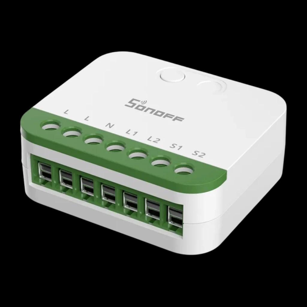 Module compact blanc et vert avec bornier à 8 ports étiquetés L, N, L1, L2, S1, S2, bouton supérieur et logo Sonoff, boîtier carré aux bords arrondis