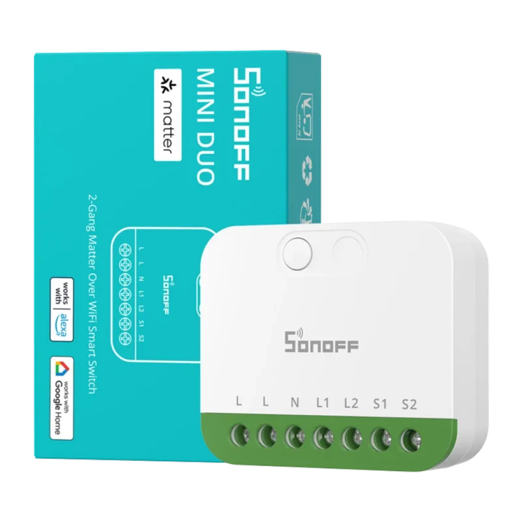 Sonoff MINI-2GS Matter, boîtier blanc compact avec bornes L N L1 L2 S1 S2 alignées, logo Sonoff, compatible Apple Home et Google Home, emballage turquoise