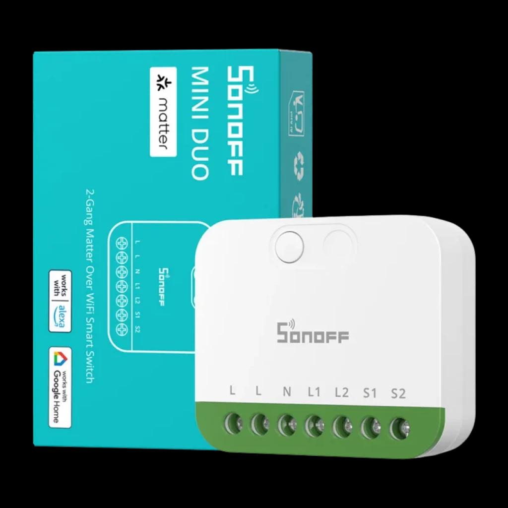 Sonoff MINI-2GS Matter, boîtier blanc compact avec bornes L N L1 L2 S1 S2 alignées, logo Sonoff, compatible Apple Home et Google Home, emballage turquoise