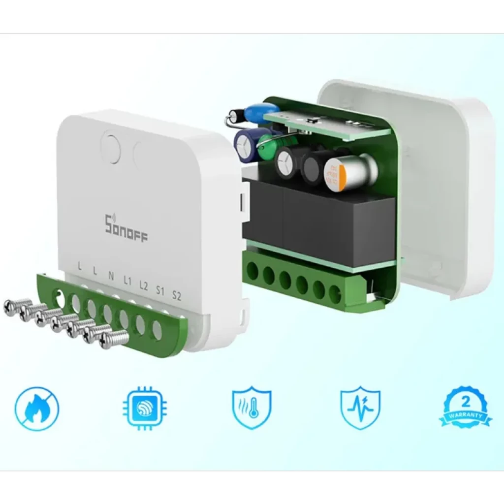 Sonoff MINI-2GS Matter mini-interrupteur Wi-Fi: boîtier blanc compact, borniers verts L N L1 L2 S1 S2, composants internes visibles, vis de montage incluses