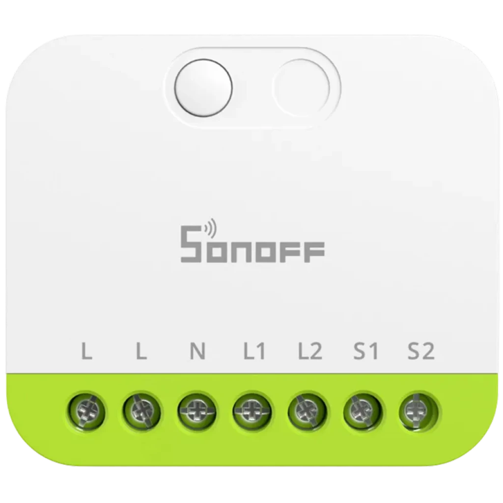 Sonoff MINI-ZB2GS ZigBee dos canales Mini Switch en carcasa blanca y verde, con botones superiores y 6 bornes etiquetados L, N, L1, L2, S1, S2