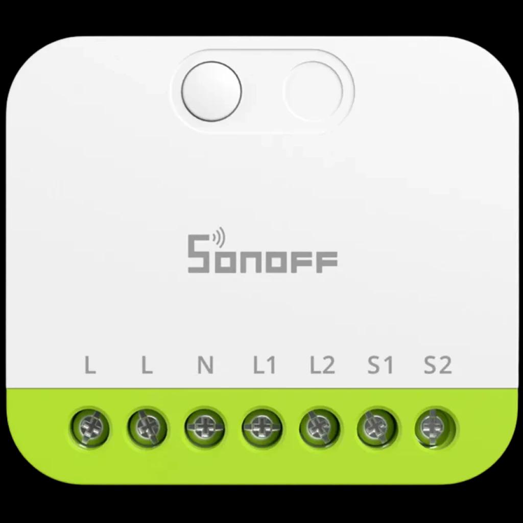 Sonoff MINI-ZB2GS ZigBee dos canales Mini Switch en carcasa blanca y verde, con botones superiores y 6 bornes etiquetados L, N, L1, L2, S1, S2
