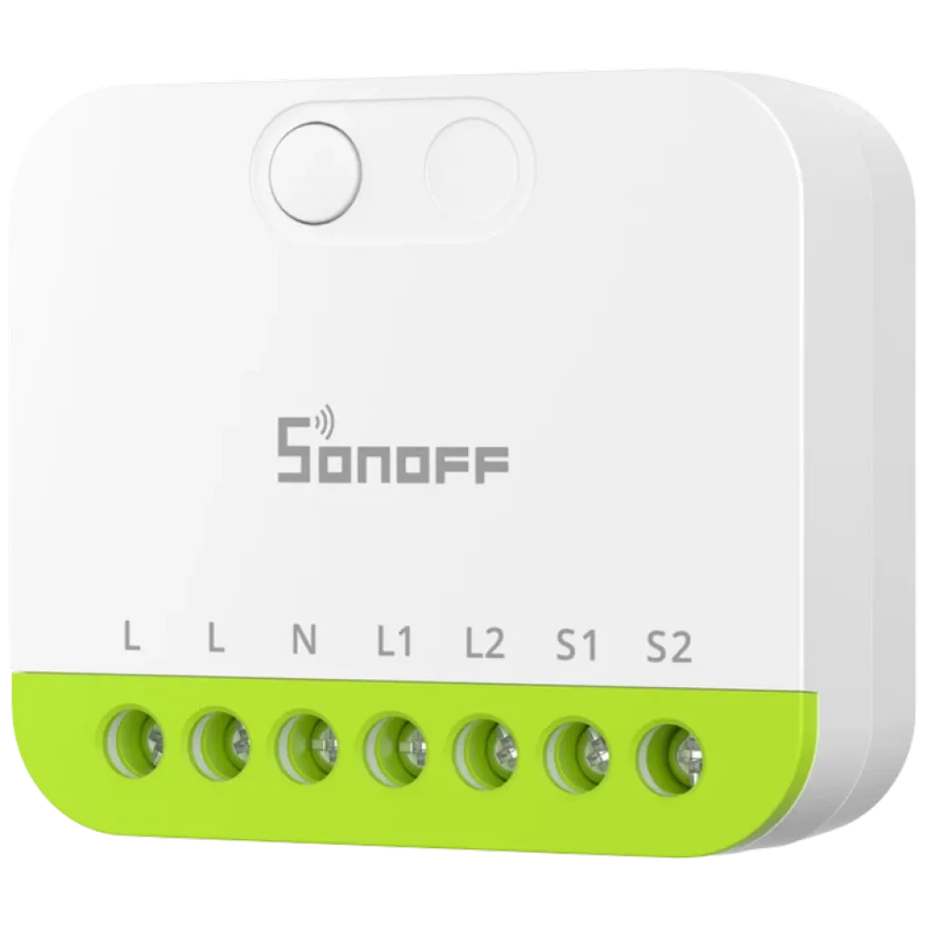 Sonoff MINI-ZB2GS ZigBee de dos canales, caja blanca con base verde, botón superior y bornes L, N, L1, L2, S1, S2 visibles para cableado compacto