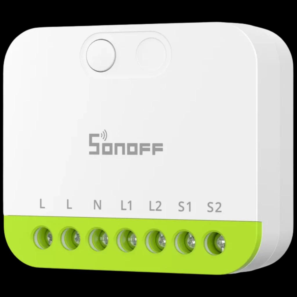 Sonoff MINI-ZB2GS ZigBee de dos canales, caja blanca con base verde, botón superior y bornes L, N, L1, L2, S1, S2 visibles para cableado compacto