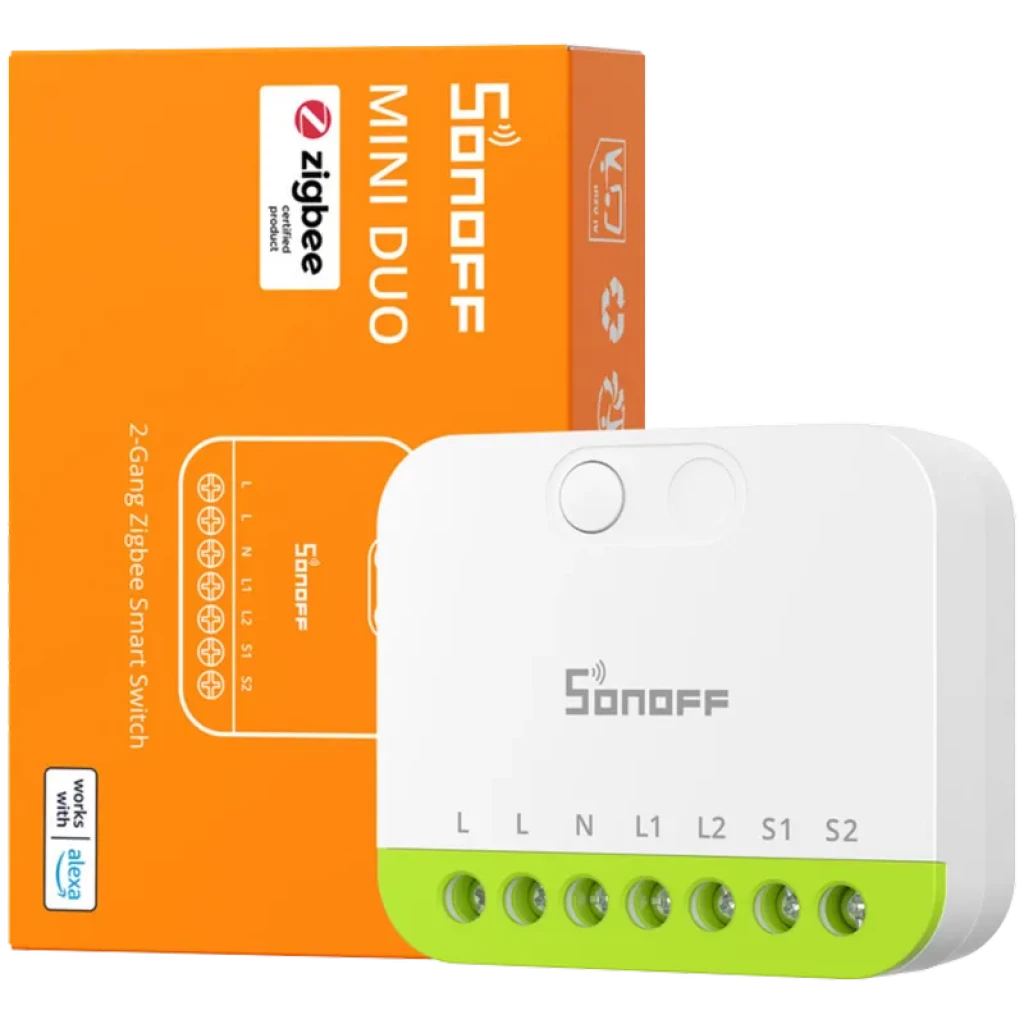 Sonoff MINI-ZB2GS ZigBee dos canales Mini Switch con carcasa blanca y base verde, 6 bornes etiquetados L1 L2 N S1 S2, botón frontal y caja naranja de marca