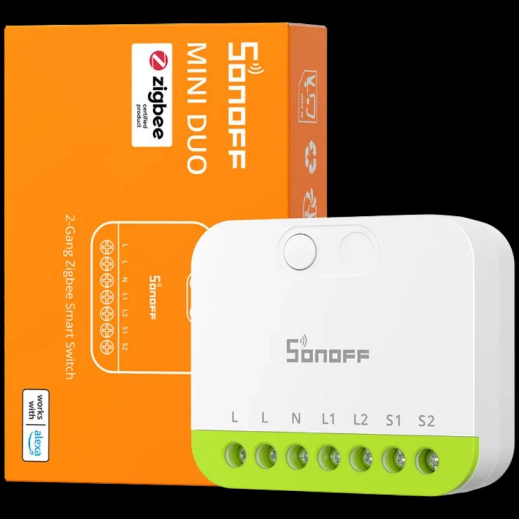 Sonoff MINI-ZB2GS ZigBee dos canales Mini Switch con carcasa blanca y base verde, 6 bornes etiquetados L1 L2 N S1 S2, botón frontal y caja naranja de marca