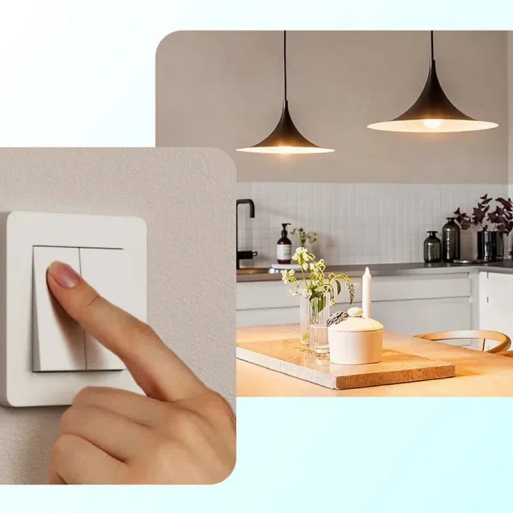 Sonoff MINI-ZB2GS ZigBee dos canales - Mini Switch con interruptor doble de pared y control de luces colgantes en cocina moderna, diseño minimalista