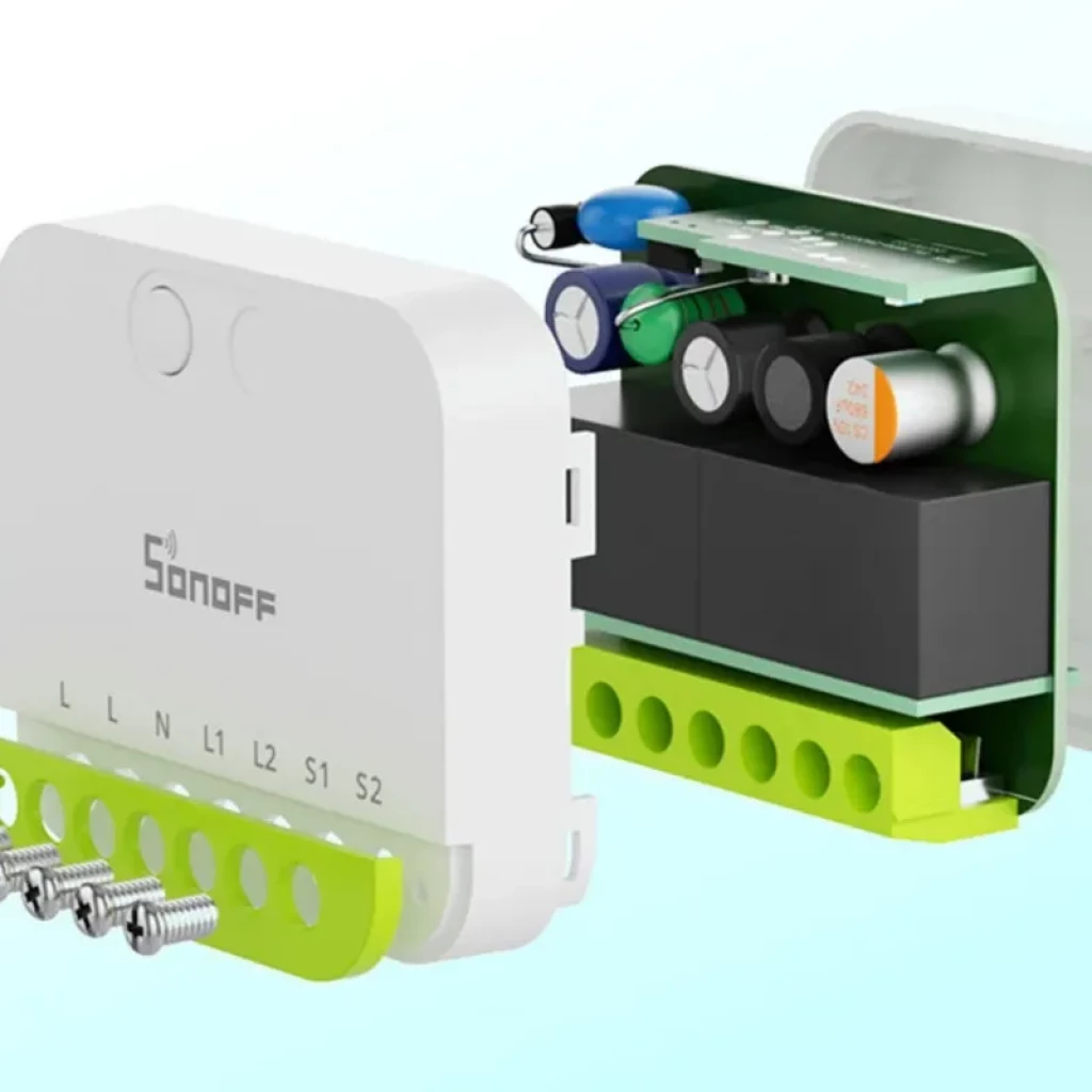 Sonoff MINI-ZB2GS ZigBee dos canales Mini Switch con carcasa blanca, bornes verdes L N L1 L2 S1 S2 y componentes internos visibles, compacto para empotrar