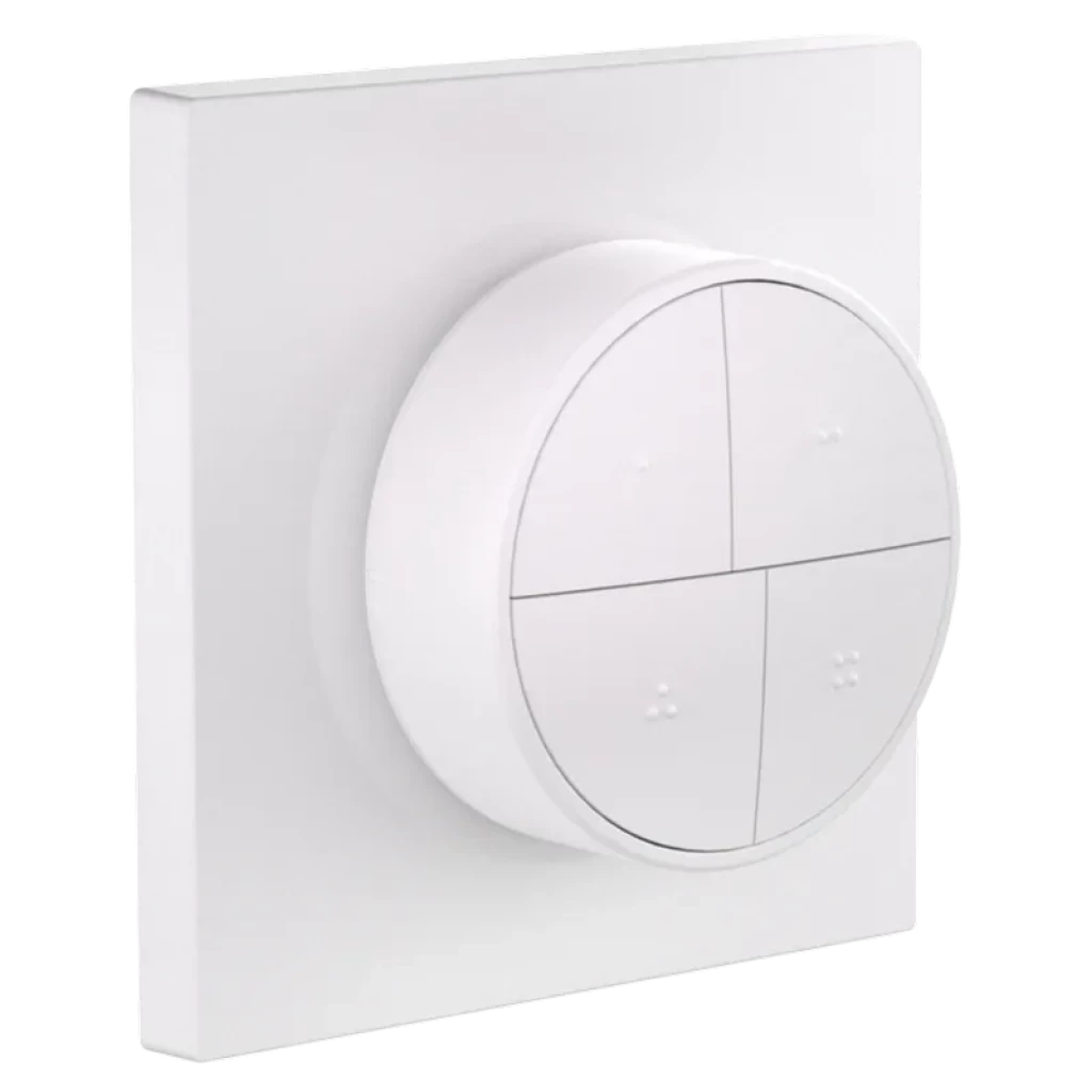 Interruptor inteligente Sonoff SNZB-01M 4 en 1 de pared, diseño cuadrado blanco con dial circular y cuatro botones táctiles, acabado minimalista y moderno