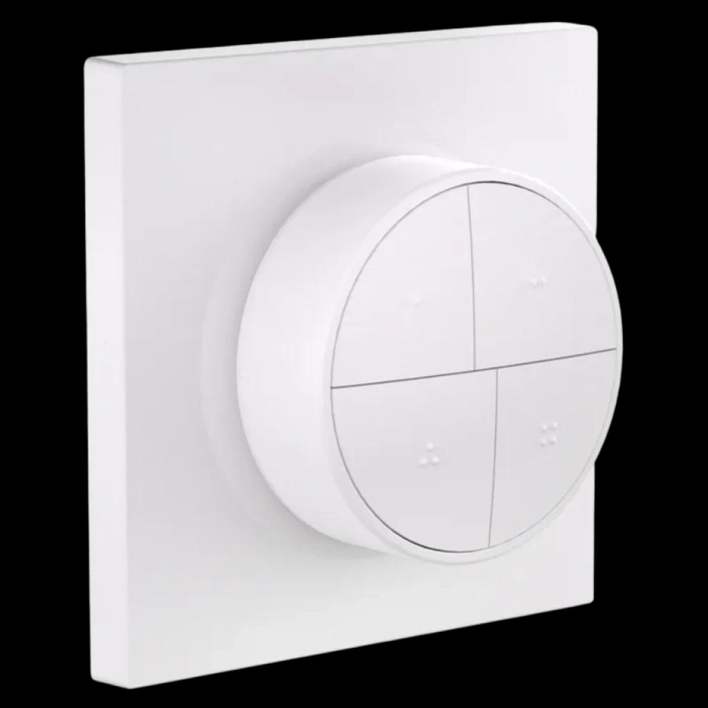 Interruptor inteligente Sonoff SNZB-01M 4 en 1 de pared, diseño cuadrado blanco con dial circular y cuatro botones táctiles, acabado minimalista y moderno
