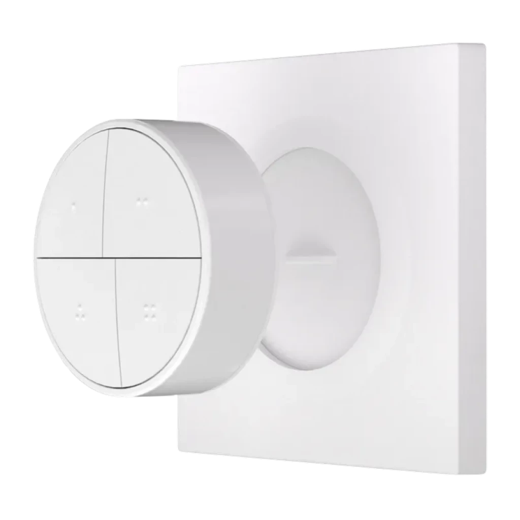 Botón inalámbrico ZigBee 4 en 1 blanco, forma circular con base cuadrada, cuatro zonas táctiles con puntos en relieve, diseño minimalista para pared