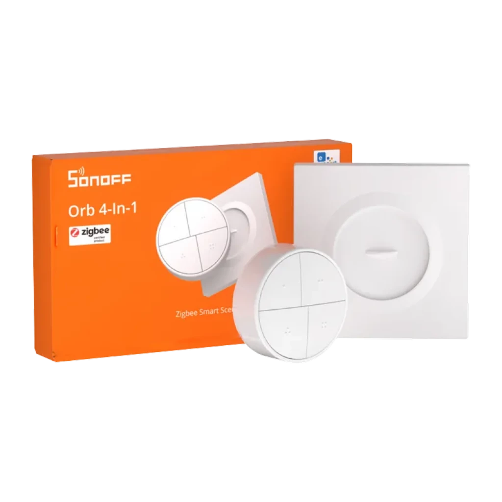 Sonoff SNZB-01M Smart Wireless ZigBee Interruptor inteligente 4 en 1 redondo blanco con cuatro botones táctiles y base cuadrada, caja naranja de fondo