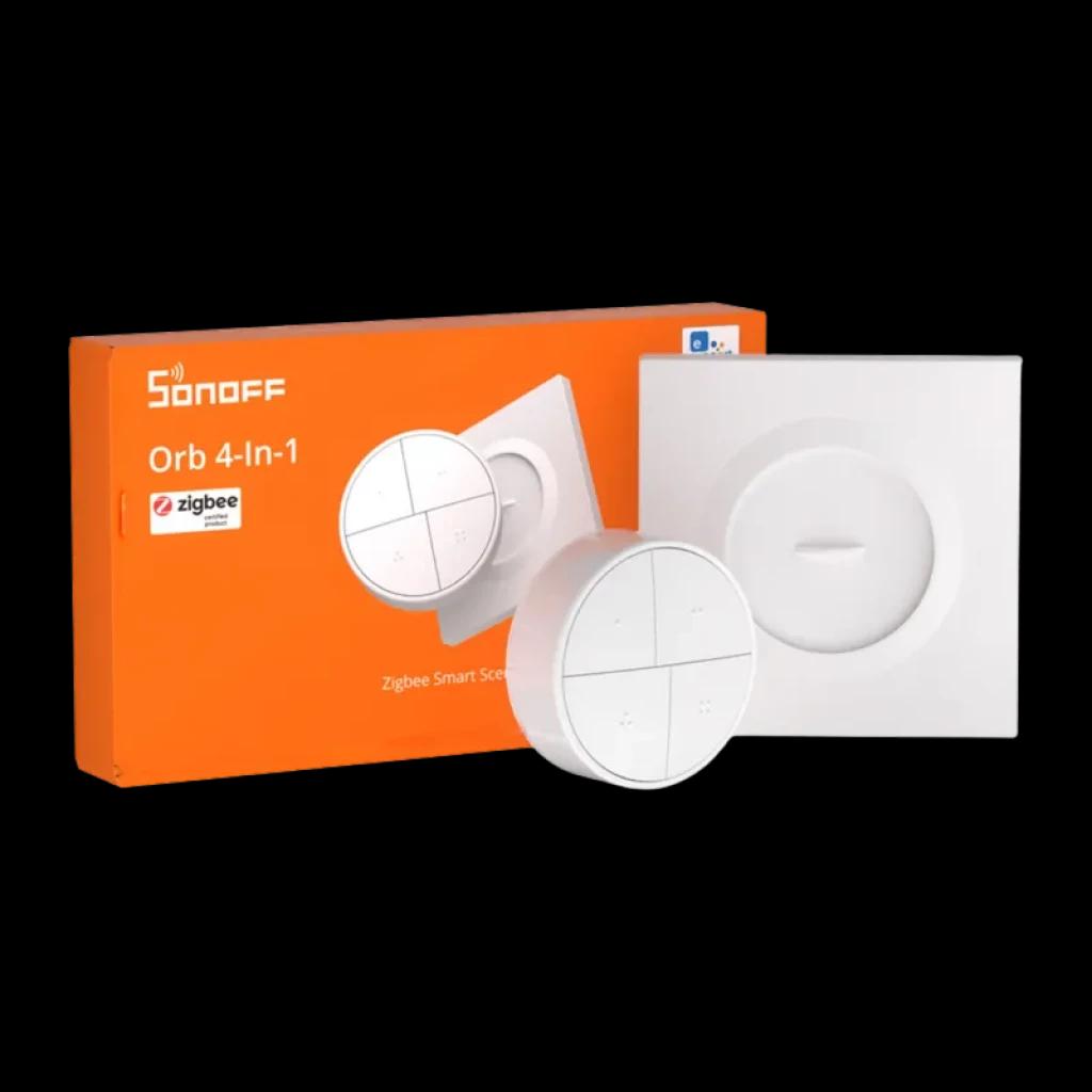 Sonoff SNZB-01M Smart Wireless ZigBee Interruptor inteligente 4 en 1 redondo blanco con cuatro botones táctiles y base cuadrada, caja naranja de fondo