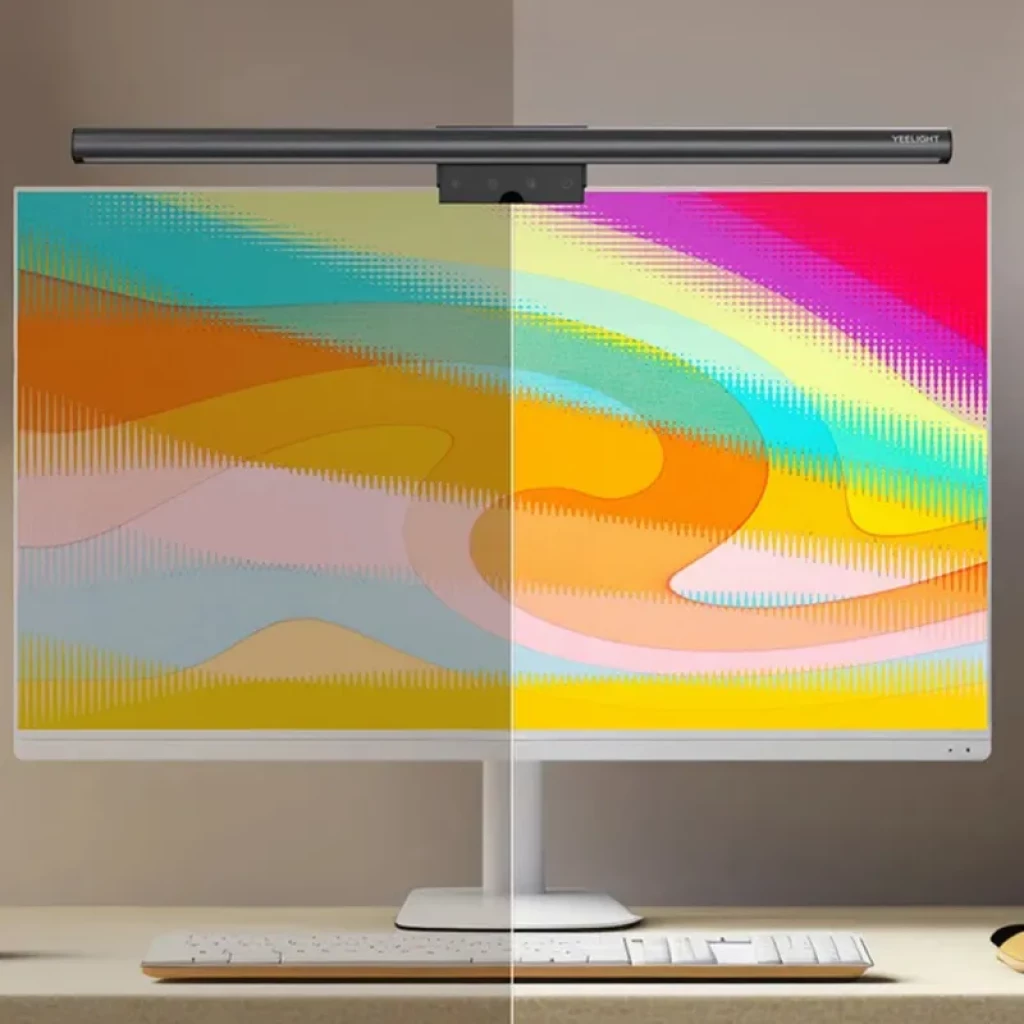 Yeelight Aries barra de luz para monitor en gris, montaje superior con control central; ilumina pantalla de borde a borde, brillo uniforme y sin reflejos