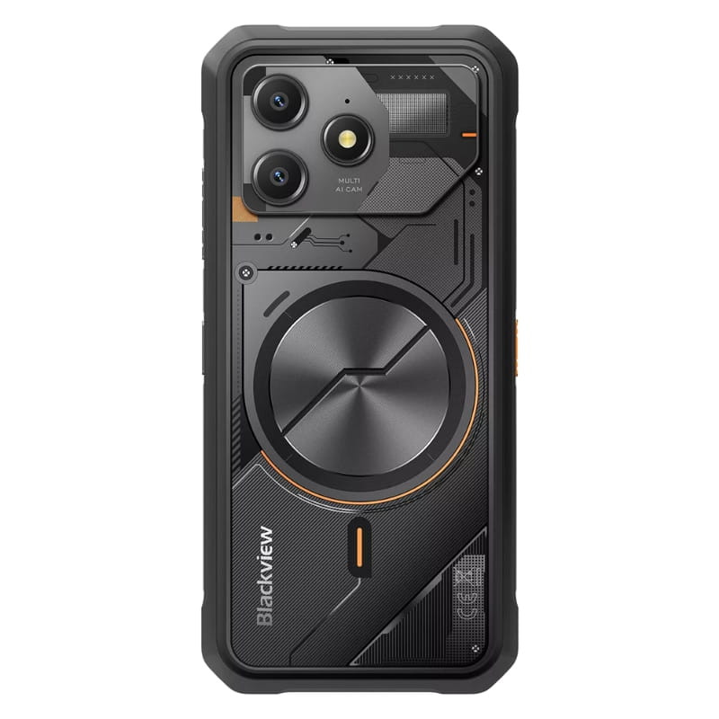Blackview Fort 100 preto com design mecha robusto, tampa traseira industrial com detalhes laranja, câmeras duplas salientes e anel central metálico