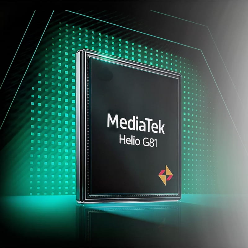 Chip MediaTek Helio G81 destacado com design metálico e iluminação verde futurista, detalhe técnico do Blackview Fort 100 128 GB Preto Resistência militar