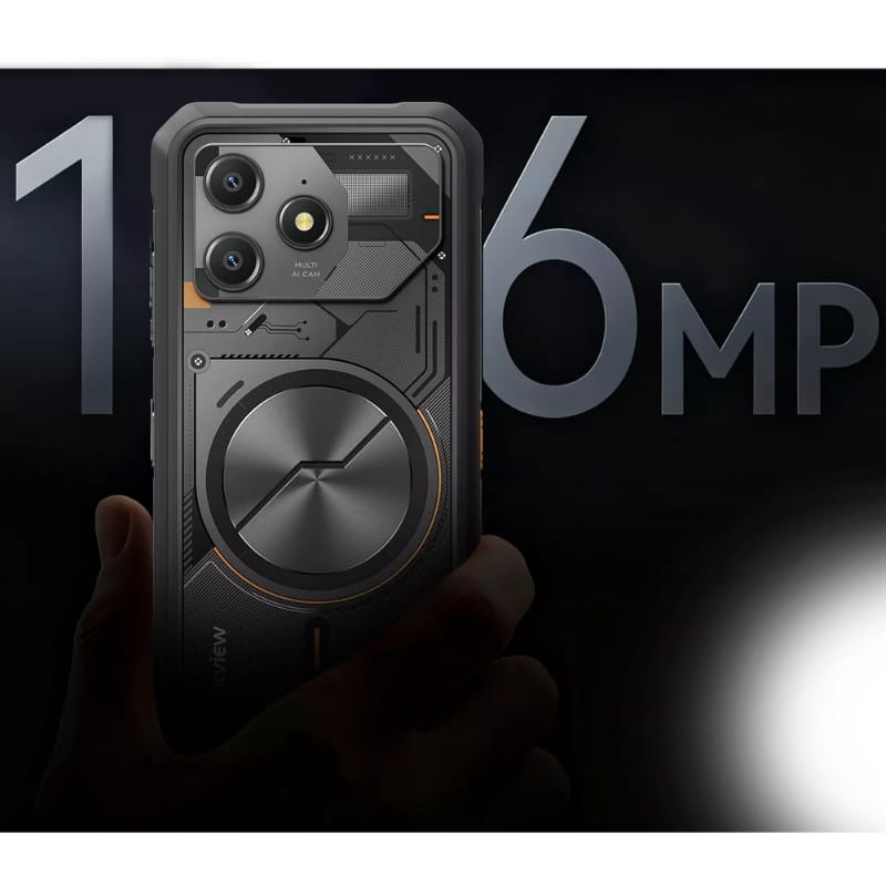 Blackview Fort 100 128 GB Preto com design mecha robusto, câmeras triplas 16 MP destacadas e detalhes metálicos; corpo resistente com acabamento industrial