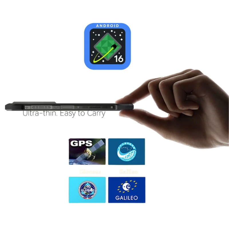 Blackview Fort 100 preto ultrafino com design mecha, 128 GB e 4 GB RAM. Perfil lateral fino, botões visíveis. Suporte Android 16, GPS, GLONASS, Galileo e