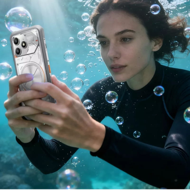 Blackview Fort 100 preto com design mecha robusto, câmeras triplas salientes e corpo à prova d’água, ideal para uso subaquático e resistência militar