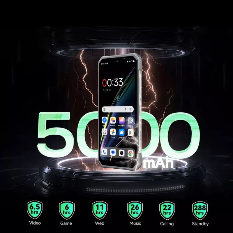 Blackview Fort 100 preto com destaque 5000 mAh, tela com bordas reforçadas e ícones de apps visíveis; design robusto estilo mecha, foco em autonomia