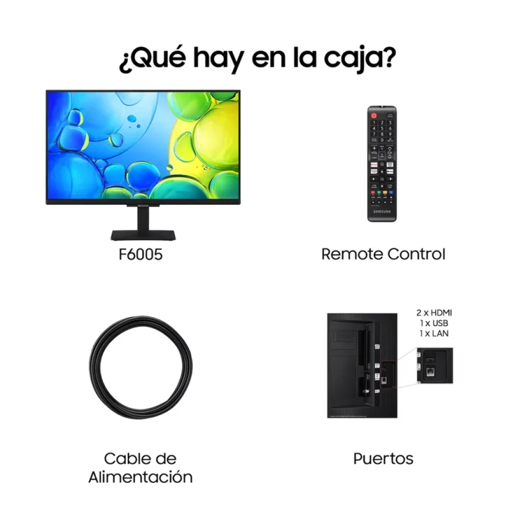 Samsung TU27F6005FK 27 pulgadas Full HD Smart TV negro con marcos delgados, base central, control remoto, cable de alimentación y puertos 2 HDMI, USB y LAN