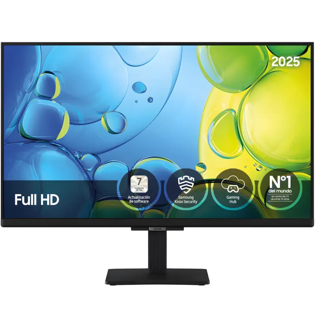 Samsung TU27F6005FK 27 pulgadas Full HD, pantalla sin bordes en tres lados, soporte negro, logos de seguridad y gaming en pantalla, diseño moderno y delgado