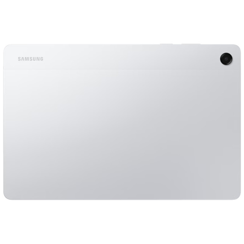 Samsung Galaxy Tab A11+ 5G 8 Go/256 Go Argent avec dos argenté minimaliste, appareil photo unique dans le coin supérieur droit et logo Samsung discret