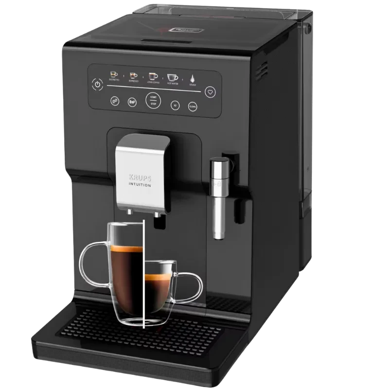 Krups EA8708 Intuition Essential negra con panel táctil, surtidor doble, vaporizador lateral y bandeja antigoteo, prepara espressos y bebidas con leche