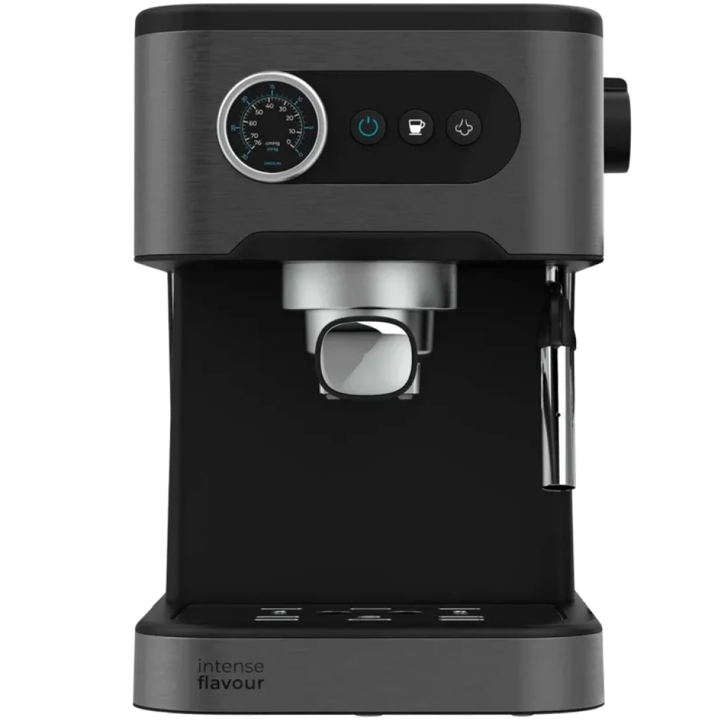 Cafetera espresso negra con carcasa metálica, manómetro frontal, botones con iconos iluminados, portafiltro central y vaporizador lateral para leche y espuma