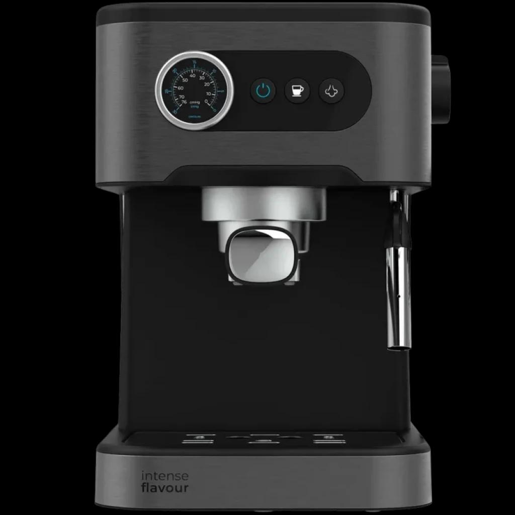 Cafetera espresso negra con carcasa metálica, manómetro frontal, botones con iconos iluminados, portafiltro central y vaporizador lateral para leche y espuma