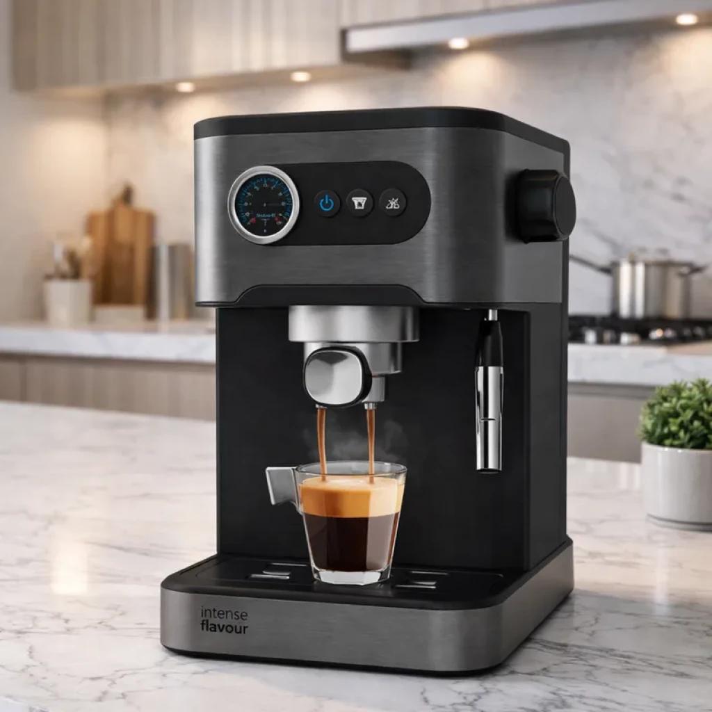 Cecotec Power Espresso 20 Pro en acero negro con manómetro PressurePro, doble salida de café, vaporizador lateral y bandeja recolectora en cocina moderna